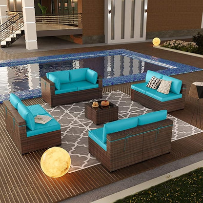 Kullavik 9 Pieces Outdoor Patio Furniture Set,Sectional Rattan Sofa Set Brown PE Rattan Wicker Patio Conversation Set with Tempered Glass Coffee Table and Washable Cushions Covers,Turquoise Blue