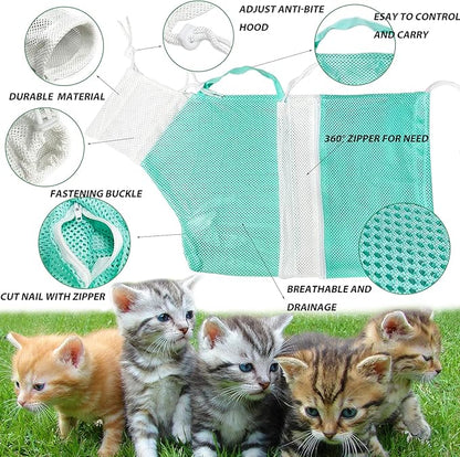 FANOVO Cat Bathing Bag, Cat Shower Net Pet Bag, Cat Grooming Washer Mesh Bag, Adjustable Breathable Multifunctional Anti-Bite and Anti-Scratch Restraint Bag with Pets Nail Clippers for Cat's Bathing