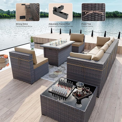 Kullavik 8 PCS Outdoor Patio Furniture Set with 43" 55000BTU Gas Propane Fire Pit Table PE Wicker Rattan Sectional Sofa Patio Conversation Sets,Khaki