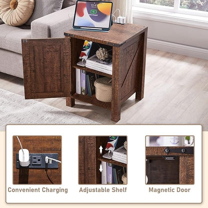 OKD Nightstand w/Charging Station, 18 Inch Farmhouse End Table w/Barn Door and Adjustable Storage Shelf, Rustic Wood Sofa Side Table w/Magnetic Door for Living Room, Bedroom, Reclaimed Barnwood Color