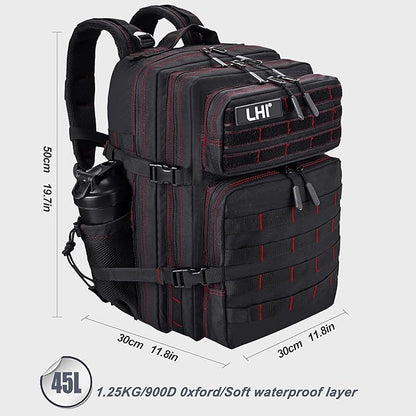 LHI Military Tactical Backpack for Men and Women 45L Army 3 Days Assault Pack Bag Large Rucksack with Shoe Compartment - Black red line