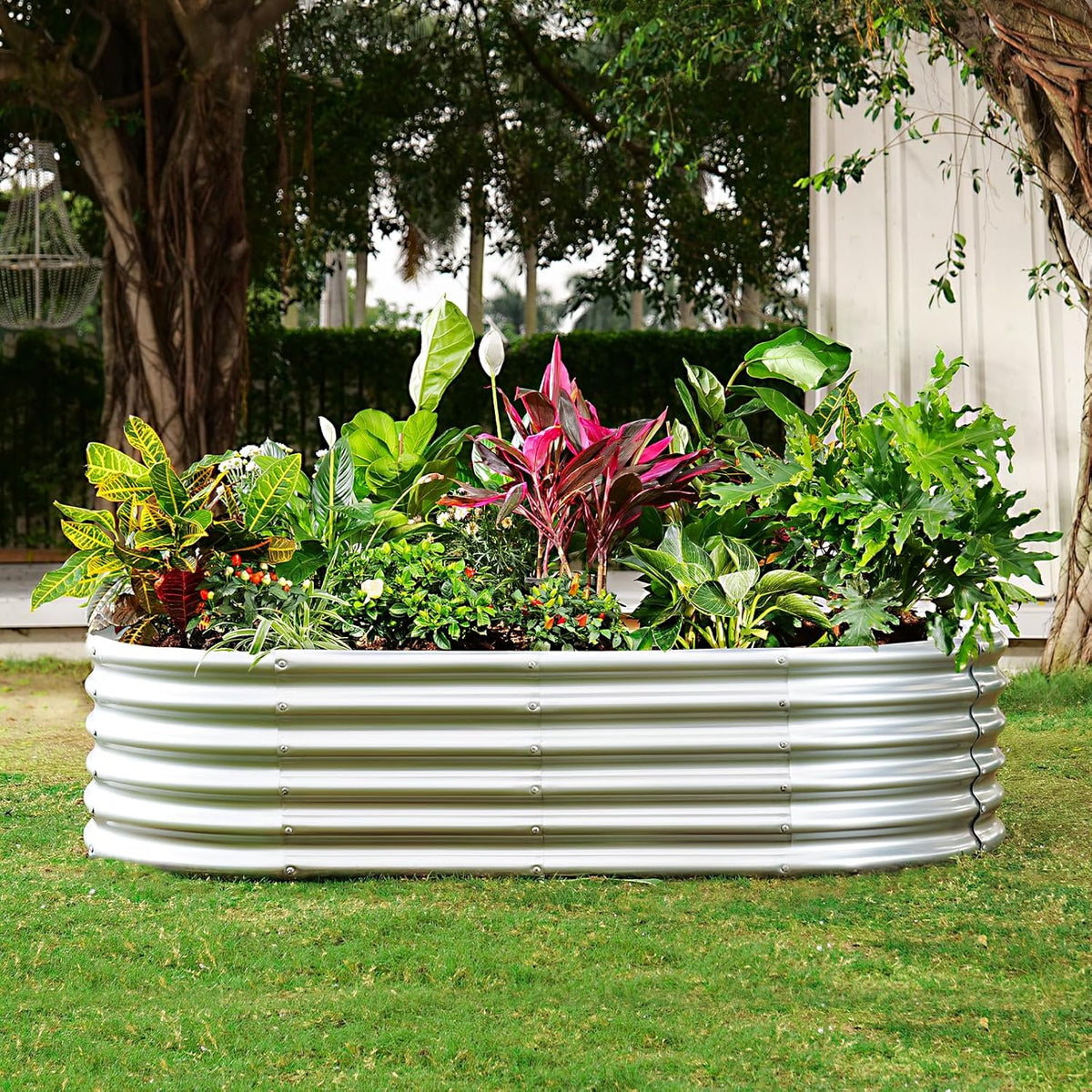 Land Guard 6x3x1.5ft Galvanized Raised Garden Bed Kit, Metal Planter Boxes Outdoor, Oval Metal Raised Garden Bed for Vegetables, Flowers (Silver)