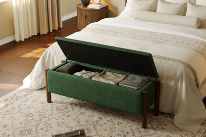Modern Storage Benches with Walnut Wood Legs, 47'' Ottoman Bench with 20 Gallons Storage Space for Bedroom End of Bed, Fabric Upholstered Entryway Bench with Seating for Livingroom, Green