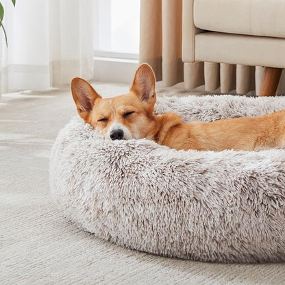 Western Home Calming Donut Medium Dog Bed Washable Pet Bed,30" White Khaki | Fluffy Faux Fur Round Cuddler,Anti-Anxiety,Anti-Slip Bottom,Plush Pet Dog Beds for Medium Sized Dogs,Up to 45 LBS