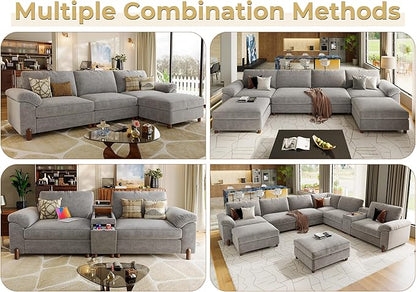 SITJOY 118" Oversized Sectional Couches for Living Room, Extra Large Deep Seat Modular Sofa with Washable Covers, 3 Seater L Shaped Couch with Chaise, Storage Ottoman, Chenille in Light Gray