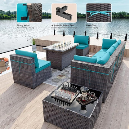 Kullavik 8 Pieces Outdoor Patio Furniture Set,Sectional Sofa Set with 43" 55000 BTU Gas Propane Fire Pit Table,Brown PE Rattan Wicker Patio Conversation Set,Turquoise Blue
