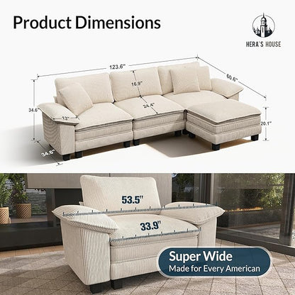 HERA'S HOUSE 124" Modular Sectional Sofa, Oversized L Shaped Couches for Living Room, Comfy Cloud Couch with Ottoman, 4-Seater Deep Seat Sofa with Throw Pillow, Corduroy Beige