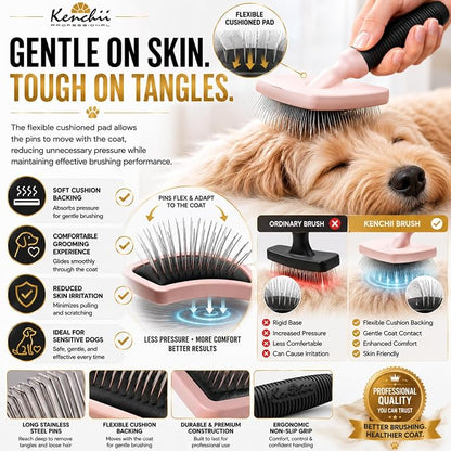 Kenchii Long Pin Slicker Brush for Dogs (Poodles, Doodles, Goldendoodles, Labradoodles), Professional Grooming Brush for Detangling, Fluffing & Dematting, Non-Slip Comfort Handle