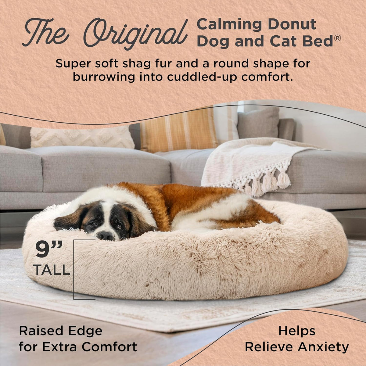 Best Friends by Sheri Original Calming Donut Dog and Cat Bed, Shag Faux Fur, Taupe, XL (45in x 45in) - Anxiety Relief for Pets Up to 150 lbs