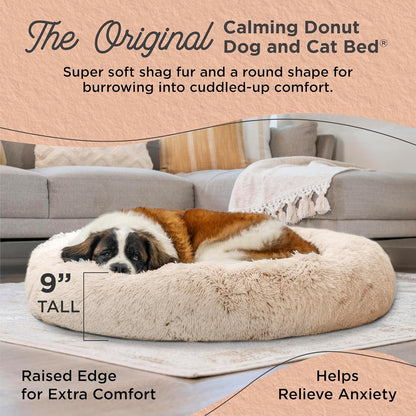 Best Friends by Sheri Original Calming Donut Dog and Cat Bed, Shag Faux Fur, Taupe, XL (45in x 45in) - Anxiety Relief for Pets Up to 150 lbs