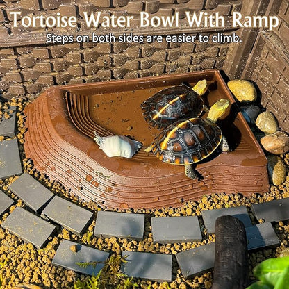 Reptile Bathing Pool 2-in-1 Tortoise Water Dish with Ramp Turtle Feeding Bowl with Steps Plastic Reptile Food & Water Dishes 7 Pcs Gecko Habitat Decoration Accessories Lizard Bath Tub