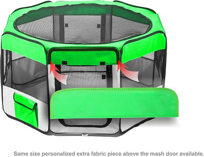 Pawer 36”×18.5” 8-Panel Foldable Pet Playpen, Bright Green+Grey, Personalize Embroidery Fabric Piece Available, for Cat/Dog/Puppy, 600D Oxford Cloth Portable Indoor & Outdoor Kennel with Carry Bag
