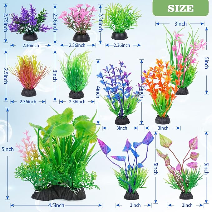 Ameliade Fish Tank Decorations Aquarium Artificial Plastic Grass Plants Decor Small Betta Goldfish Turtle Tank Accessories （11 Pieces）