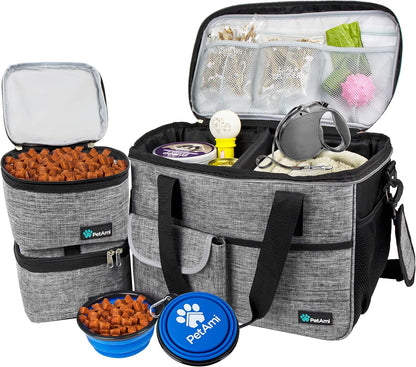 PetAmi Dog Travel Bag - Organizer with Food Container, Bowls & Accessories for Weekend Camping, Cat Diaper Bag (Grey, Medium)