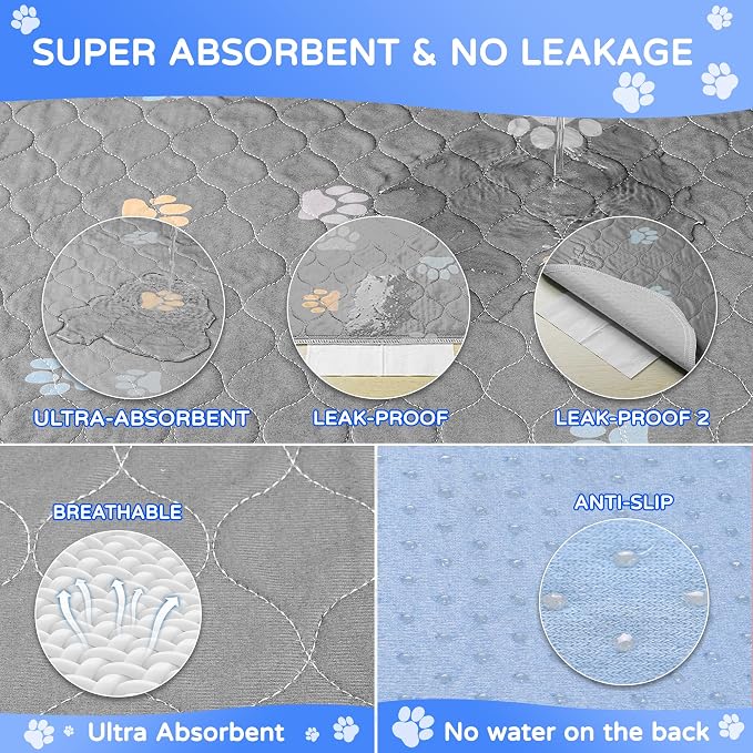 Aitmexcn Washable Pee Pads for Dogs, 2 Pack Extra Large Reusable Puppy Training Pads, Heavy Absorbency, Leak-Resistant Non-Slip Mats for Playpens, Whelping and Senior Dogs, Gray (48"x48")