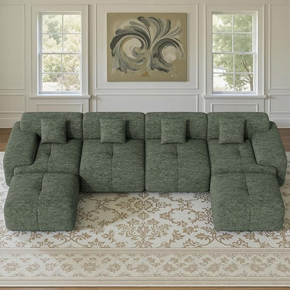 158" U Shaped Convertible Modular Couch, Cloud Couch Sectional with Ottoman, 6-Seater Chenille Boneless Couches for Living Room, Apartment, No Assembly, Green 1PCS