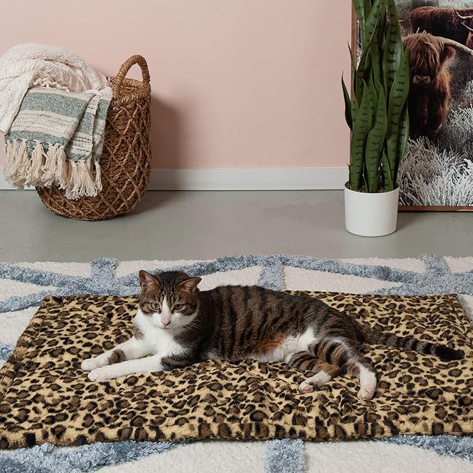 Furhaven ThermaNAP Self-Warming Cat Bed for Indoor Cats & Large/Medium Dogs, Washable & Reflects Body Heat - Quilted Faux Fur Reflective Bed Mat - Leopard, Large
