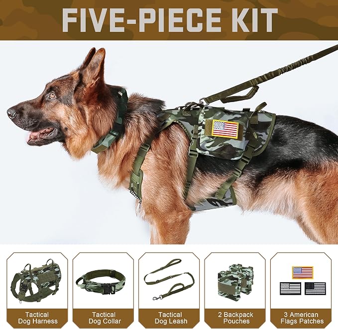 Forestpaw Tactical Dog Harness Tactical Dog Collar with Bungee Leash Set,No Pull Military Dog Harness for Walking Training,Adjustable for Medium Dogs,Camouflage Green,Chest 22-35"