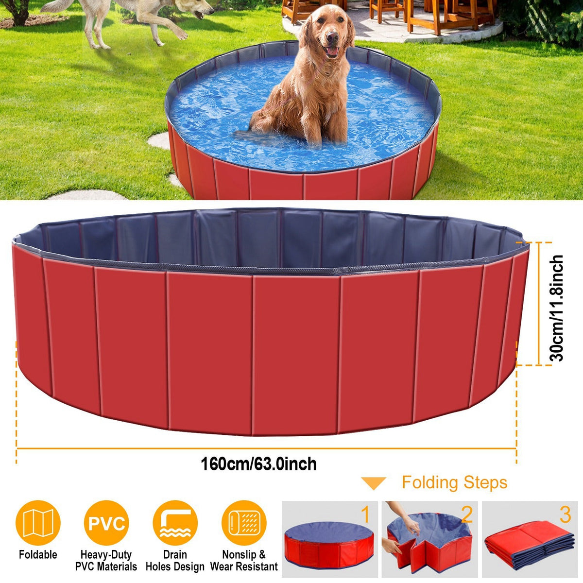 1Pc 160 X 160 X 30cm-63.0 X 63.0 X 11.8inch Foldable Pet Swimming Pool PVC  Dog Swim Pool Bathing Tub Playmat Pools