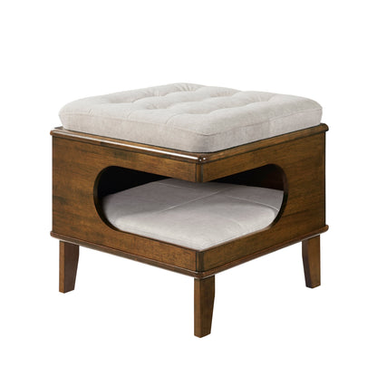 Letitia Rubber Wood Cat Bed Ottoman, 2-in-1 Tufted Pet Ottoman with Cat Cave, Multi-Functional Footstool with Cat Hideaway, Walnut Finish