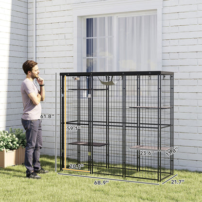 Weld Wire Catio Outdoor Indoor with Waterproof Cover, 4 Jumping Platforms, Hammock, for 1-3 Kittens, 69" x 22" x 62"