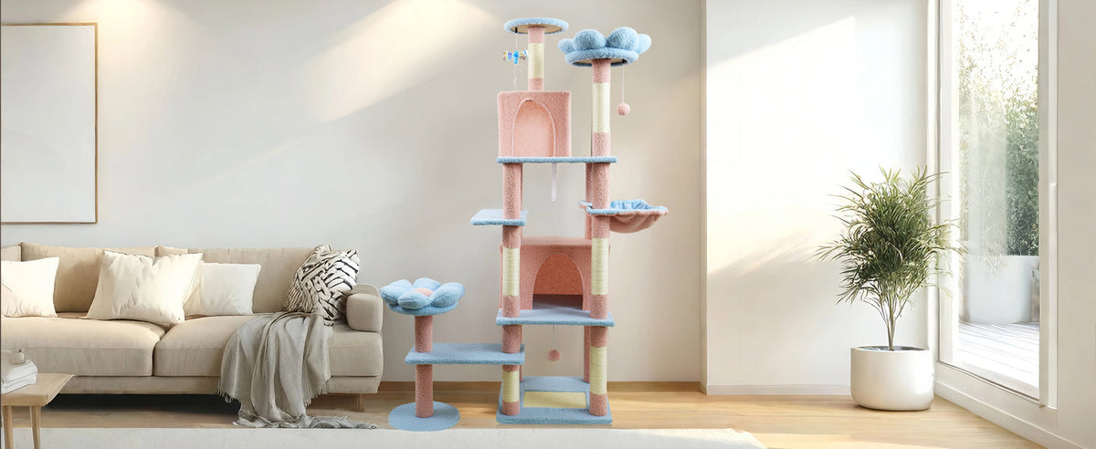 71 inch flower cat tree with large condo removable flower cushion and hammock blue
