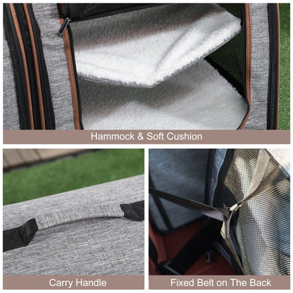 39" Portable Soft-Sided Cat Carrier, Cat Kennel, Travel Dog Crate with Divider, Two Compartments, Soft Cushions & Storage Bag, Easy to Fold, Light Gray