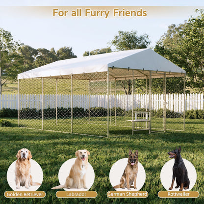 15x10 FT Large Outdoor Dog Kennel with Canopy, Heavy Duty Galvanized Steel Frame, Waterproof Cover, Built-in Elevated Feeding Bowls, Escape-Proof Lockable Pet Playpen for Large Dogs & Multiple Animal