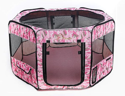 Pawer 45”×24” 8-Panel Foldable Pet Playpen, Pink Camouflage Pattern, Personalize Fabric Piece Available, for Cat/Dog/Puppy, 600D Oxford Cloth Portable Indoor & Outdoor Kennel with Carry Bag