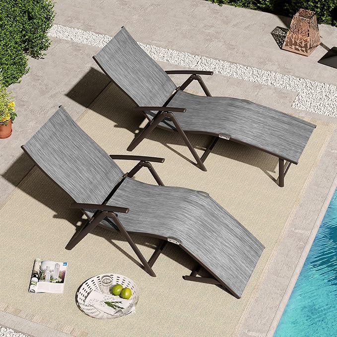 VredHom 4PCS Patio Chaise Lounge Outdoor Folding Adjustable Lounge Chair Recliner with 8 Adjustable Backrest Positions for Pool Beach Yard, Dark Gray Textliene and Brown Aluminum Frame