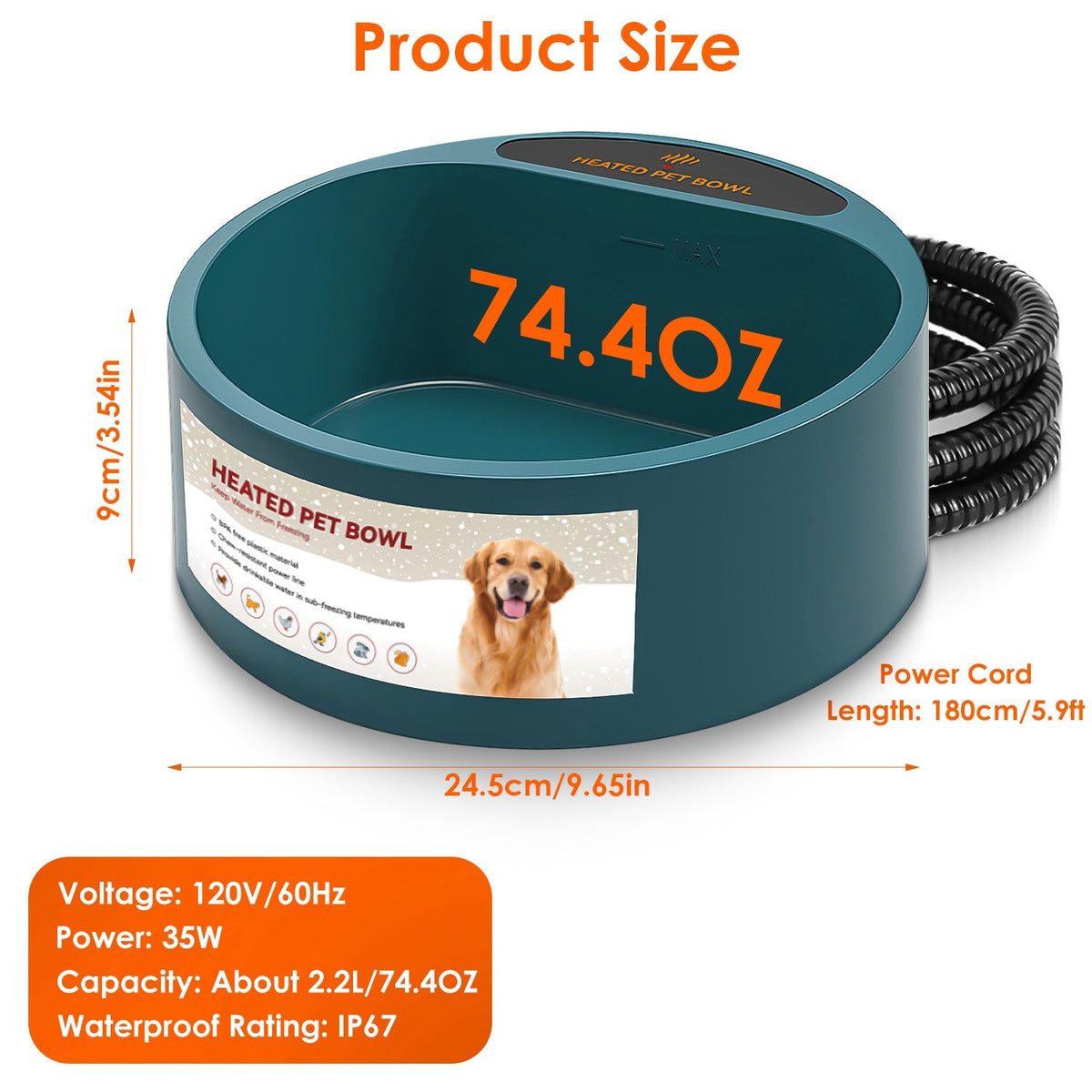 1Pc Heated Water Bowl For Dog Cat 74.4OZ Heating Water Dish IP67 Waterproof Thermal Water Bowl Heated Pet Bowl Dog Cat Water Feeder Bowl For Dog Cat Rabbit Pet