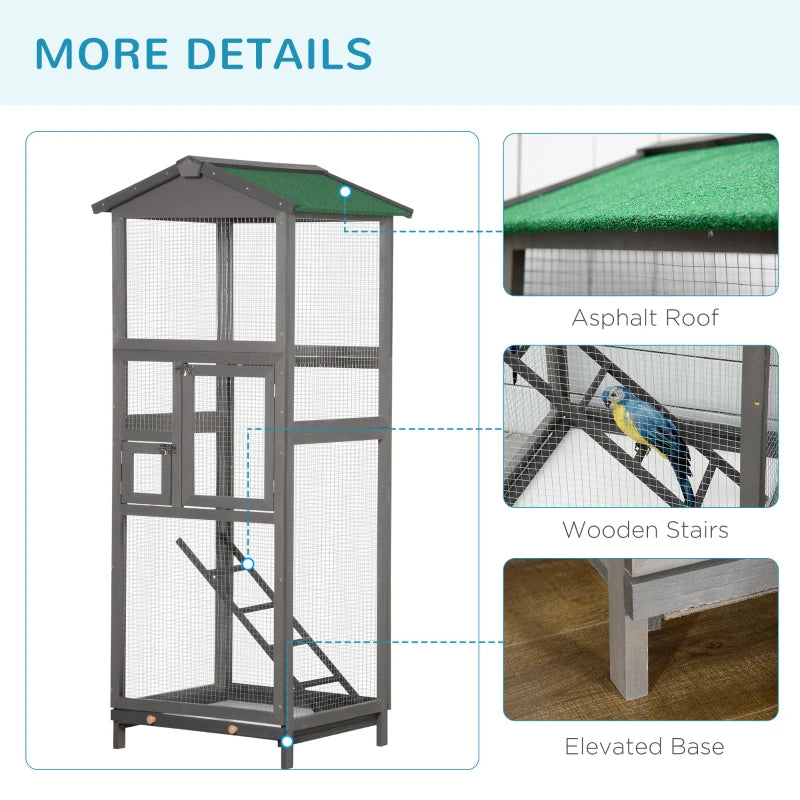 Wooden Bird Cage Outdoor Aviary House For Parrot, Parakeet, With Pull Out Tray And 2 Doors, Grey