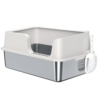 Stainless Steel Litter Box with High Side, Scoop, Easy Cleaning & Anti-Urine Leakage, for Big Cats, Light Gray
