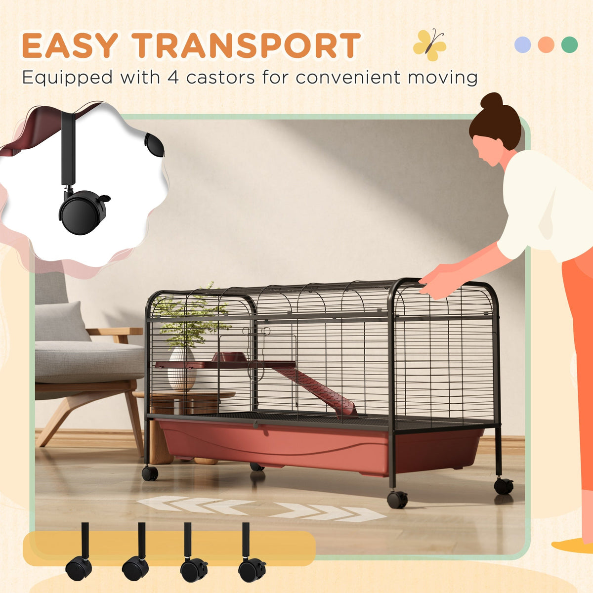 48" L Small Animal Cage, Pet Play House for Rabbit Hutch or Ferret with Feeder, Rolling Wheels, Platform, Ramp