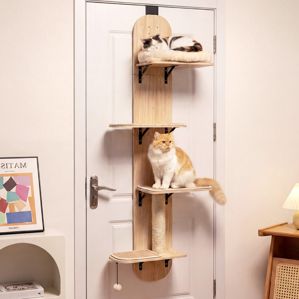 Door Hanging Cat Climber 4-level Height Adjustable With Plush Bed Teasing Ball Jute Rope Scratching Post