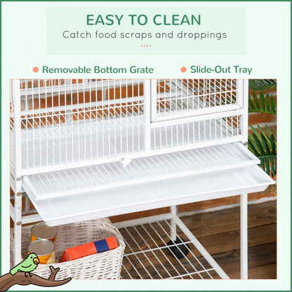55" Large Parrot Cage with Toy Hooks Above Top Bird Perch, Tray, Food Cups, Rolling Stand, Bird Cage for Cockatiels, Parakeets, Lovebirds