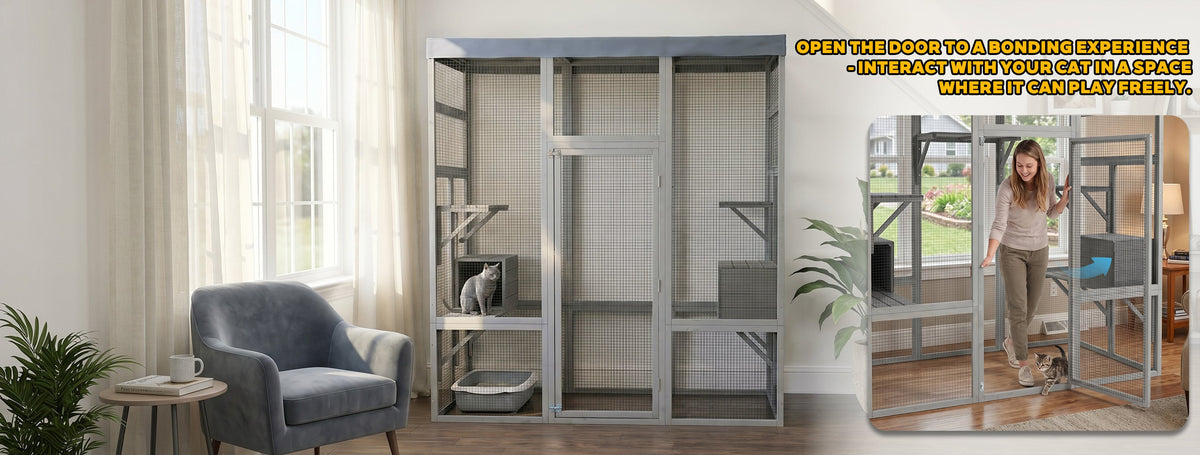 Gray Wooden Catio Pet Enclosure with Waterproof Top, Spacious and Secure Cat House & Small Animal Cage,2 Napping Boxes