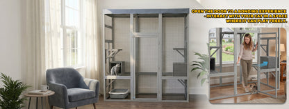 Gray Wooden Catio Pet Enclosure with Waterproof Top, Spacious and Secure Cat House & Small Animal Cage,2 Napping Boxes