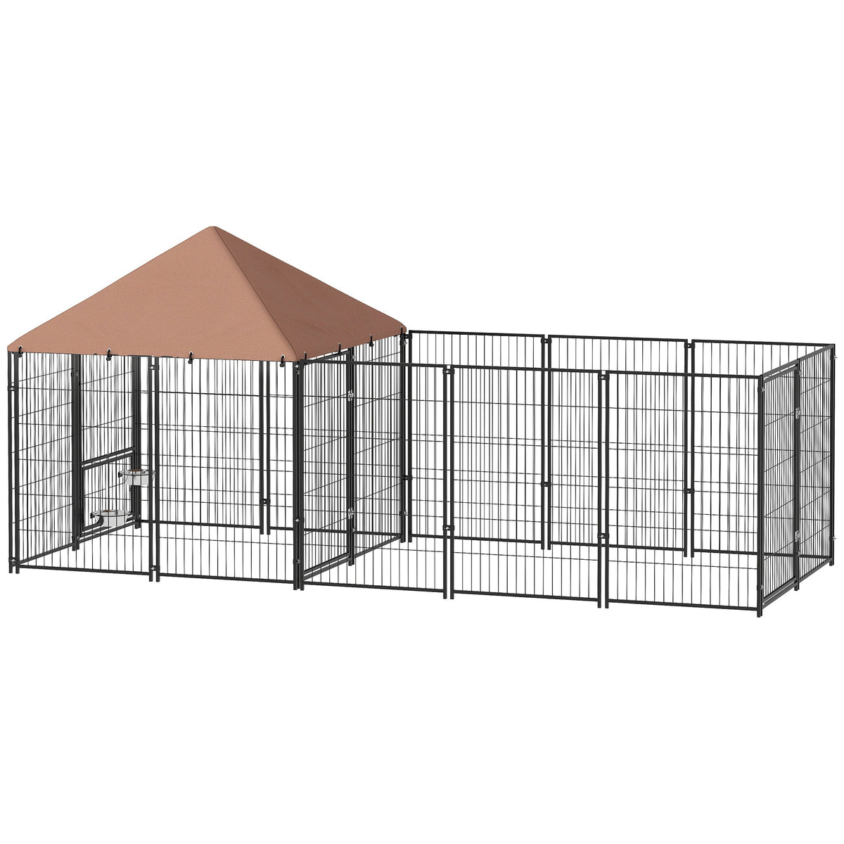 Large Outdoor Dog Kennel with Rotating & Adjustable Height Bowls, Waterproof & UV-Resistant Canopy, 11.3' x 4.7' x 5.1'