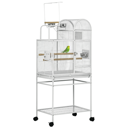 55" Large Parrot Cage with Toy Hooks Above Top Bird Perch, Tray, Food Cups, Rolling Stand, Bird Cage for Cockatiels, Parakeets, Lovebirds