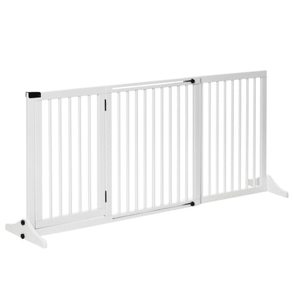 Freestanding Length Adjustable Wooden Pet Gate with Lockable Door 3 Panels, White