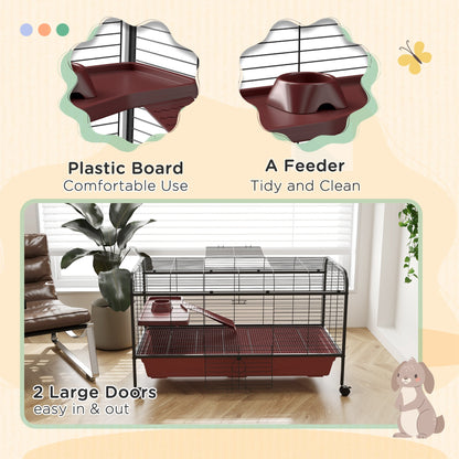48" L Small Animal Cage, Pet Play House for Rabbit Hutch or Ferret with Feeder, Rolling Wheels, Platform, Ramp