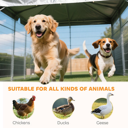 Large Outdoor Dog Kennel with Rotating & Adjustable Height Bowls, Waterproof & UV-Resistant Canopy, 11.3' x 4.7' x 5.1'