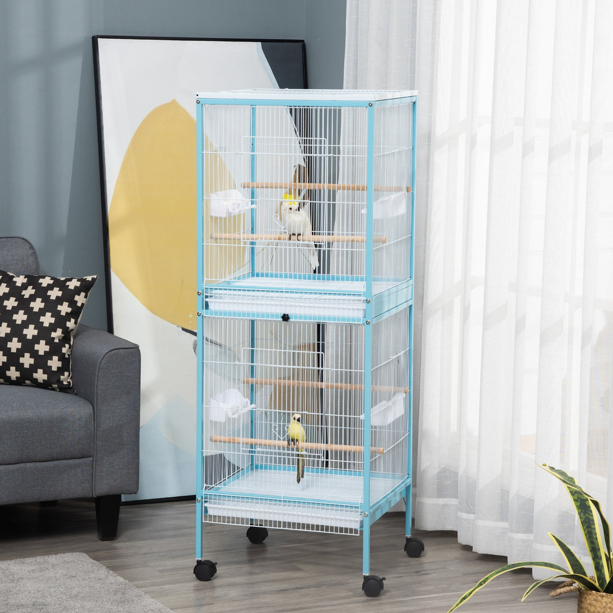 55" 2 In 1 Bird Cage Aviary Parakeet House for finches, budgies with Wheels, Light Blue