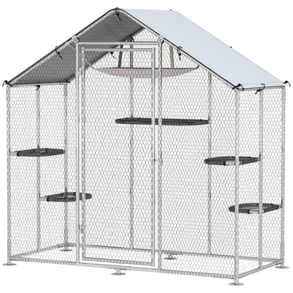 Large Catio Outdoor Cat Enclosure with Waterproof Cover, Walk-in Cat Patio w/ 5 Adjustable Platforms & Hammock