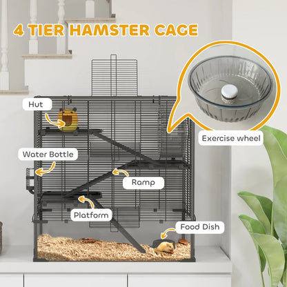 4 Tier Hamster Cage With Deep Tempered Glass Bottom, Running Wheel, Hut, Water Bottle, Food Dish,