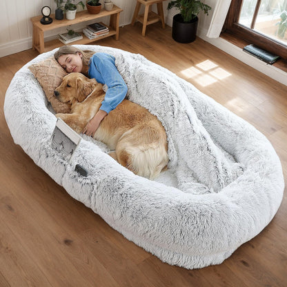 Human Dog Bed, Washable Faux Fur Dog Bed for People Doze Off, Napping Orthopedic Dog Bed,71''x45''x14'' Size Fits You and Pets (Grey) - Blankets and Pillows NOT INCLUDED