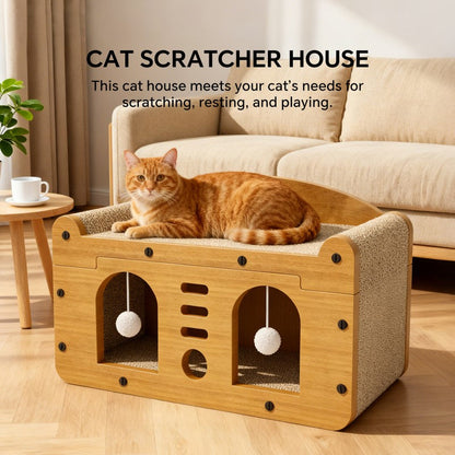 Double Door Design Cat Scratcher Sofa, 56cm Large Size, With 2 Teaser Balls, For Large & Multi-Cat Households