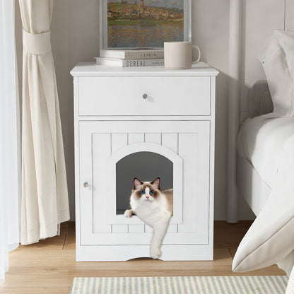 White Wooden Cat Litter Box Enclosure W Drawer & Side Table, Indoor Pet Crate Nightstand For Home