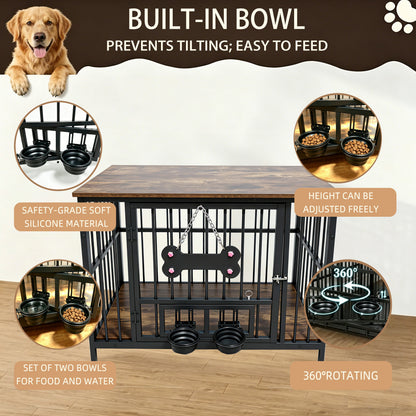 Vintage wood grain dog cage edge,360 degree rotating bowl with safety grade soft silicone material
